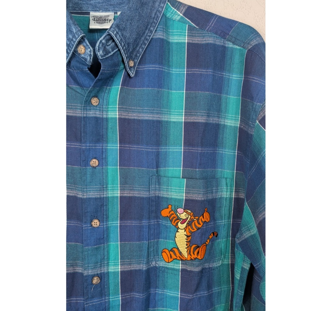 Vintage Tigger Disney Catalog Mens Large Green Blue Plaid Long Sleeve‎ Shirt